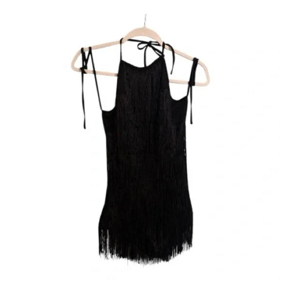 PrettyLittleThing Black Halter Fringe Bodysuit - Picture 1 of 4